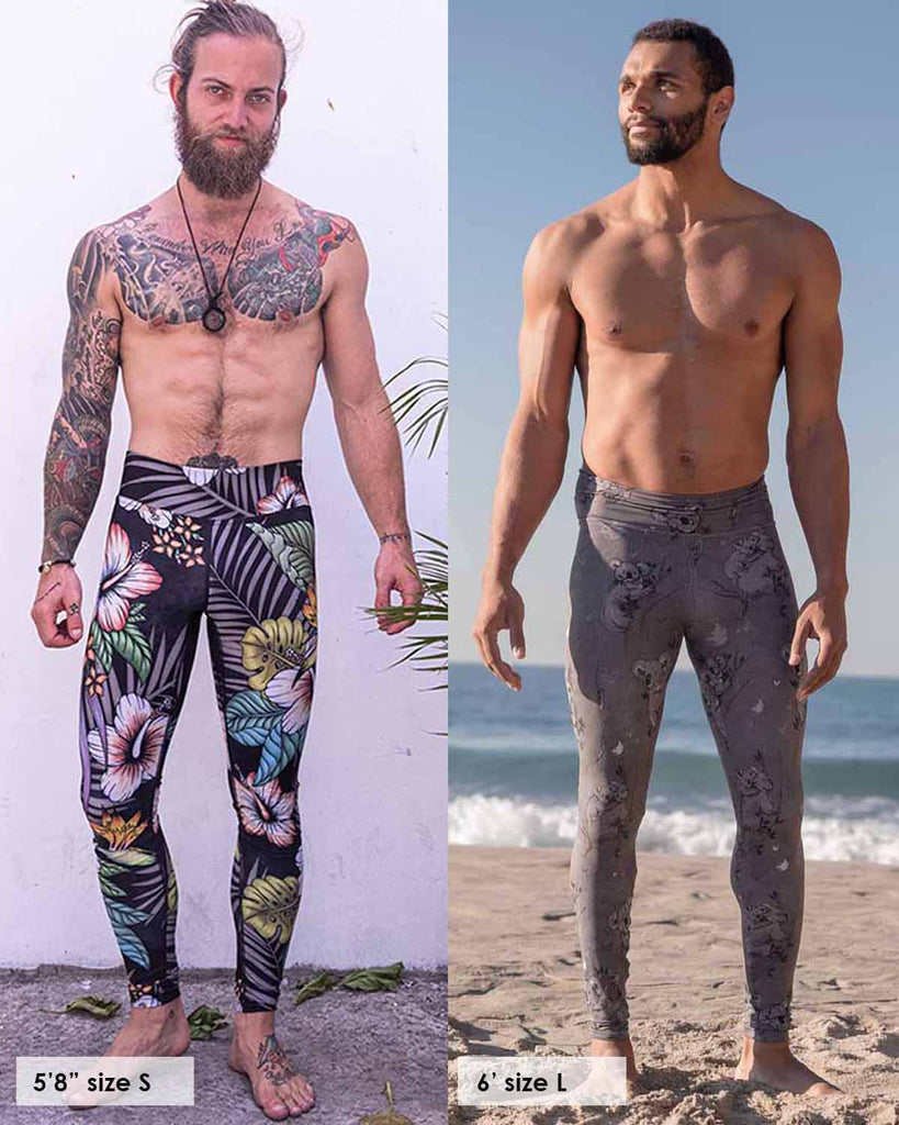 Photos of Daniel who is 5'8" and Nic who is approx 6' tall, both wearing WERKSHOP leggings