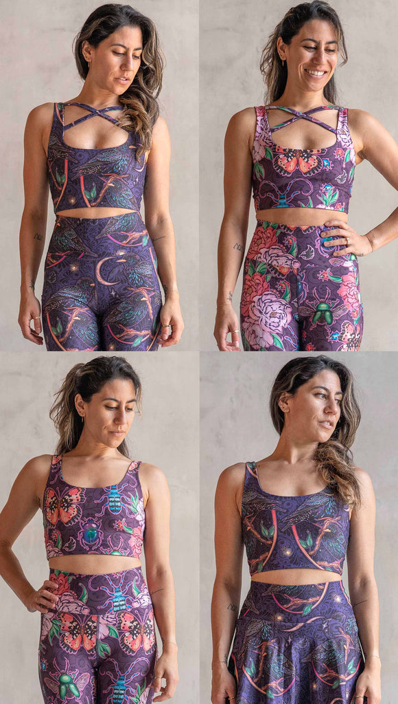 Image showing all 4 ways you can wear WERKSHOP Starlings and Enchanted Garden 4-Way reversible top. The fabric is printed with original artwork by Chriztina Marie. One side features European Starlings perched on a branch near a crescent moon and fireflies. The colors are warm purples with pops of pink, gold and green. The other side features Butterflies, Beetles and Peonies over a warm fuchsia with bright bold pops of color on each beetle and Butterly.
