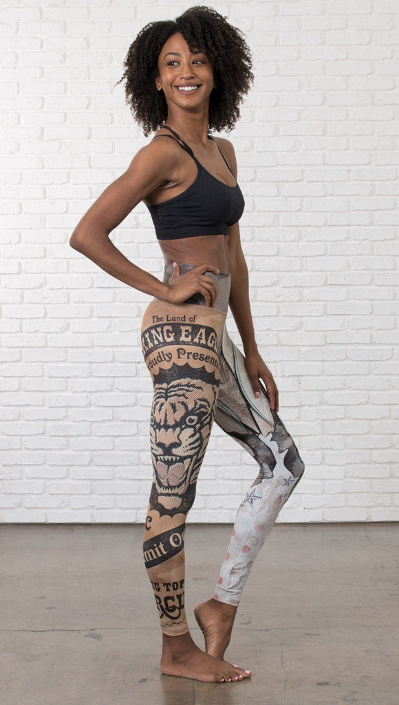 right side view of model wearing circus design mashup printed full length leggings