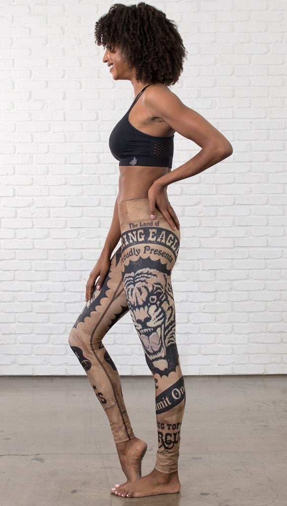 left side view of model wearing vintage circus tiger printed full length leggings