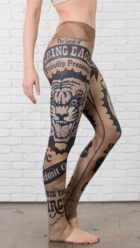 closeup left side view of model wearing vintage circus tiger printed full length leggings