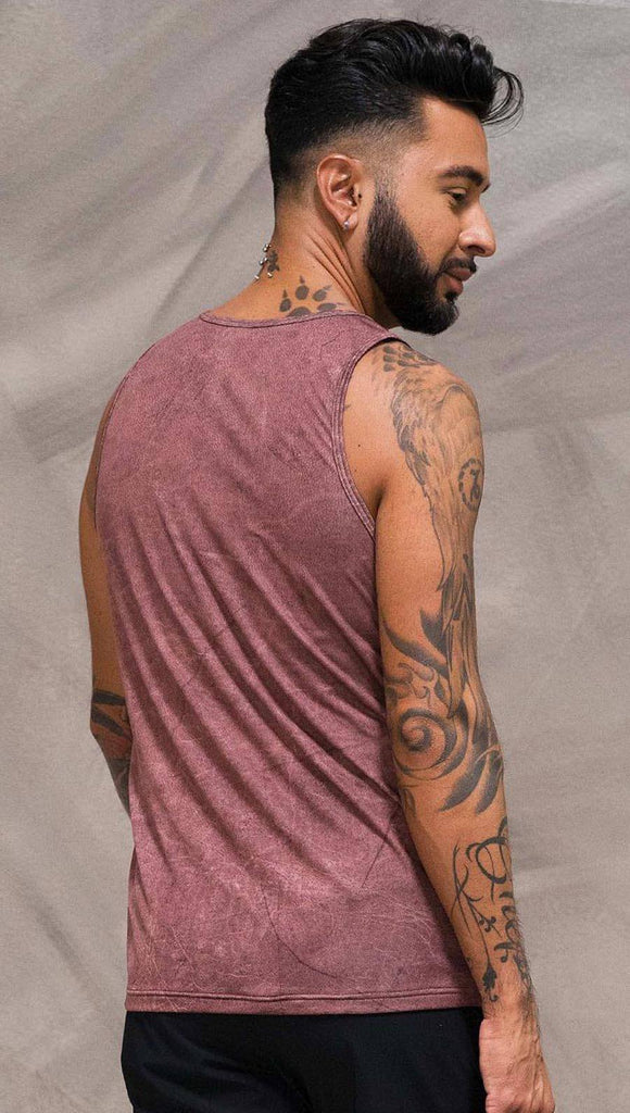 Close up back view of model wearing brick red printed tank top