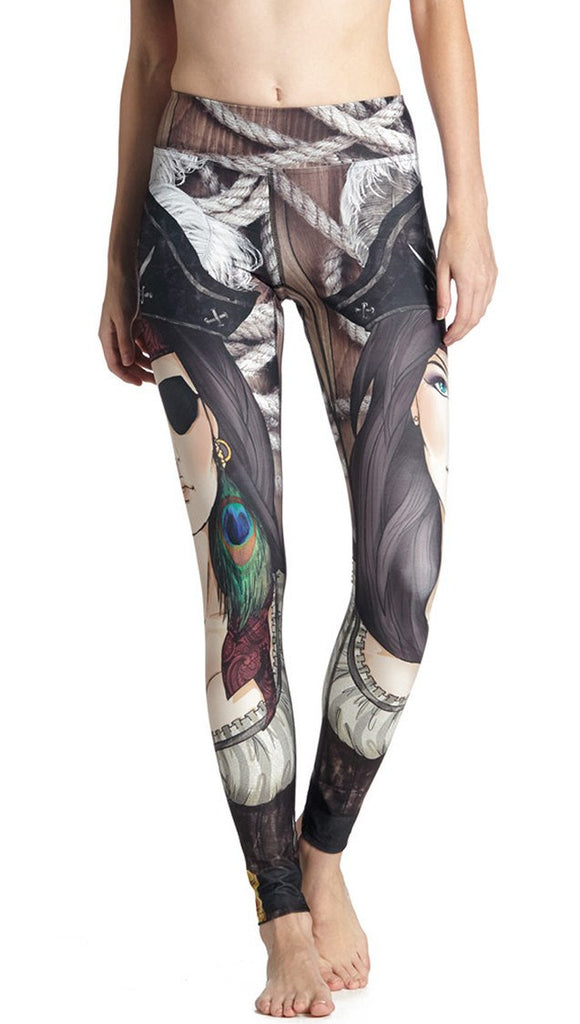 close up front view of model wearing pirate girl themed printed full length leggings