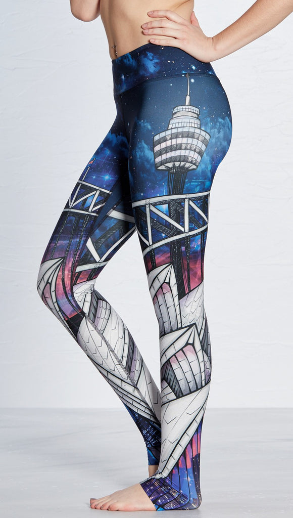 closeup left side view of model wearing Sydney Australia themed printed full length leggings