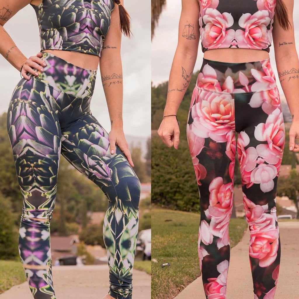 Side by side images of a model wearing WERKSHOP Artichoke legging and top set and WERKSHOP Rosaline legging set.