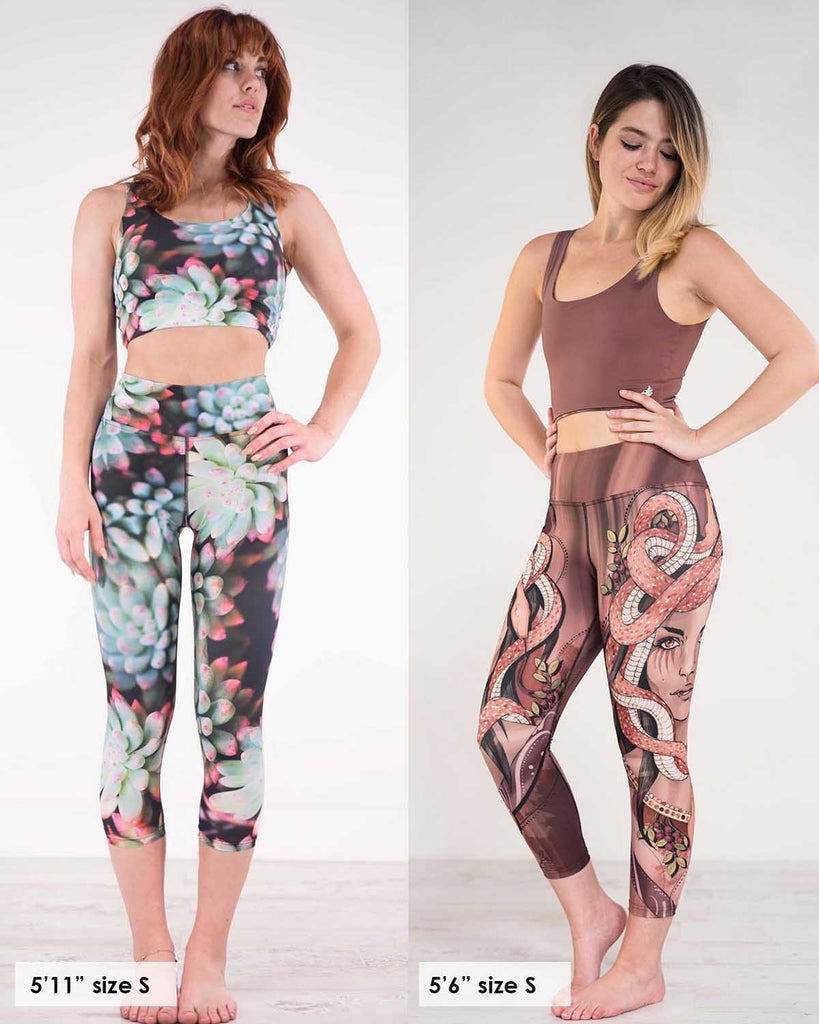 Photos of Molly who is 5' 11" and Chandler who is 5'6" side-by-side and both wearing WERKSHOP Triathlon Capri Leggings 
