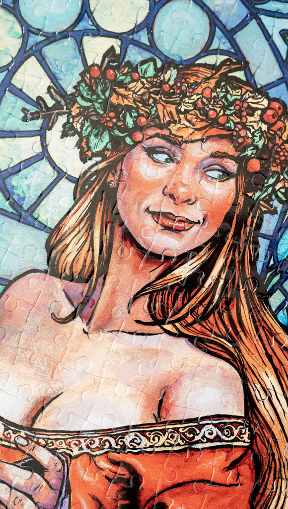 Zoomed in photo of Jana Rose Puzzle by Scott Christian Sava. The artwork on the puzzle features a woman with a wreath crown on her head and a bright red dress standing in front of a stained glass window.