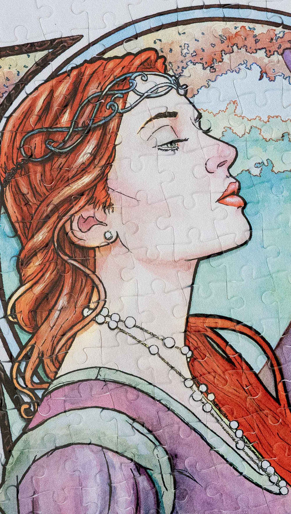 Zoomed in photo of Art Nouveau puzzle by Scott Christian Sava. The painting features a woman wearing a crown and pearls with long flowing red locks; stnading in front of a round window.
