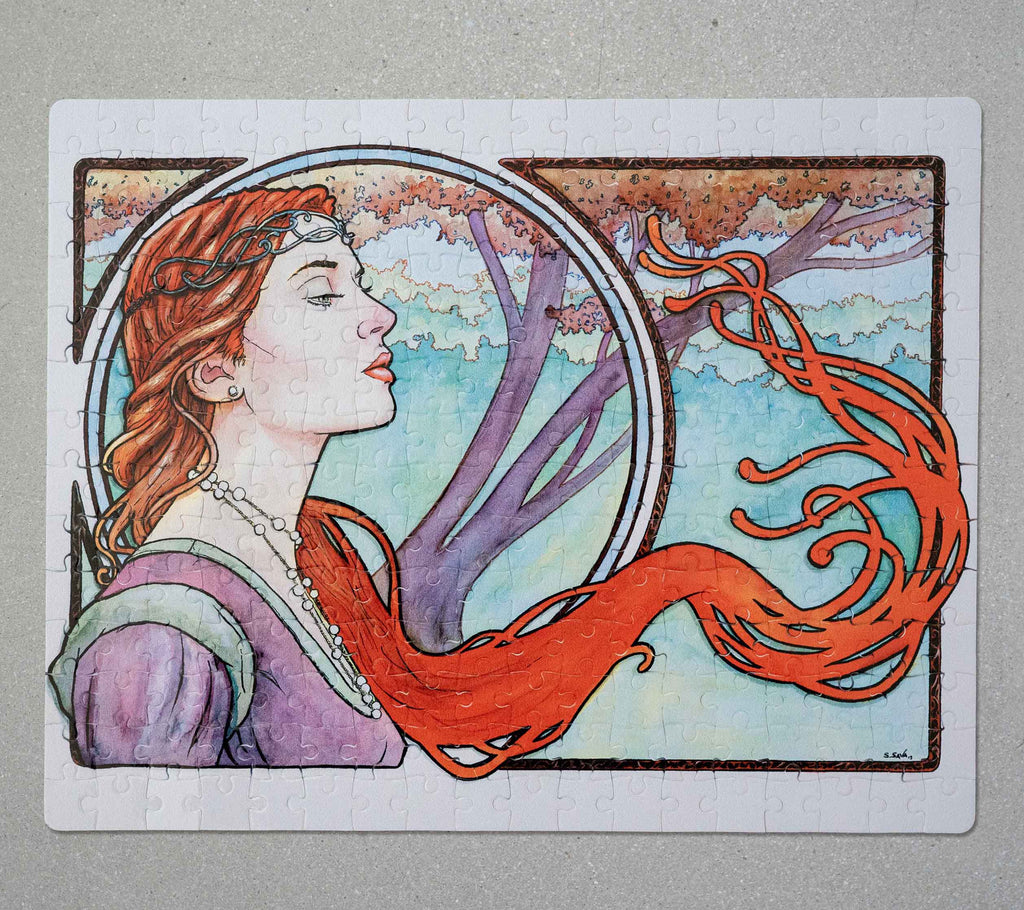 Art Nouveau puzzle by Scott Christian Sava. The painting features a woman wearing a crown and pearls with long flowing red locks; standing in front of a round window.