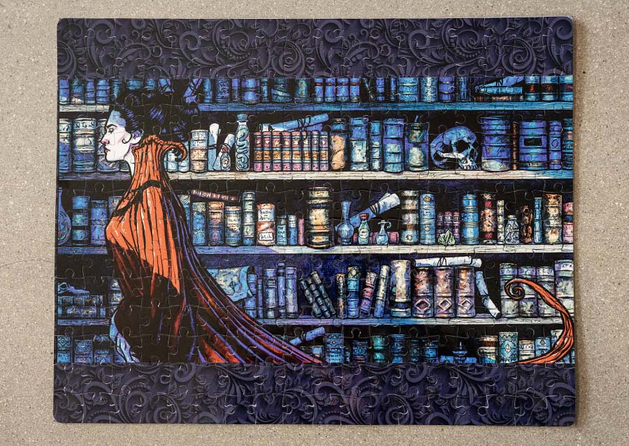252pc jigsaw puzzle featuring a "Gothic Vampire" painting by Scott Christian Sava. The colors of the puzzle are very dark with pops of red. over grays and blues.