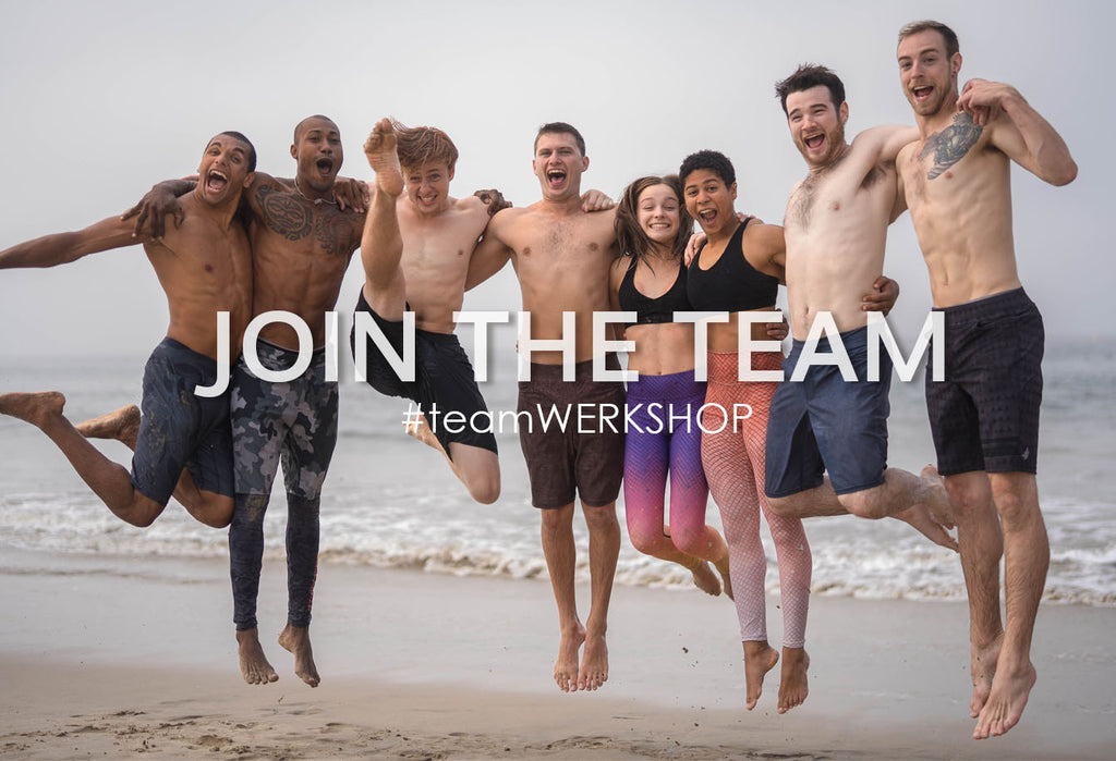 A group of friends jumping into the air, all wearing WERKSHOP. Join the team today and become an Ambassador!