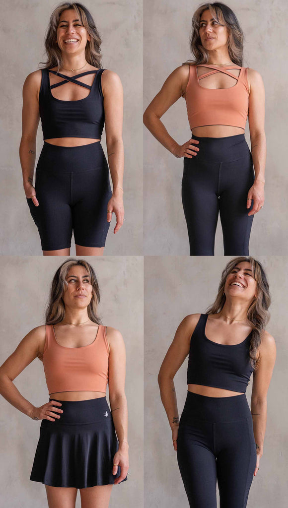 Model wearing WERKSHOP Four Way Reversible Top in EnviSoft Fabric. The top can be worn with a "X" detail across the chest in the front (or) the back ... and it can be worn with either Black color facing outward (or) Toasted Nut color facing outward.