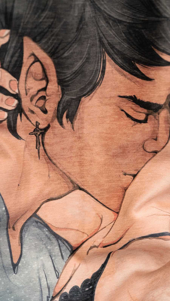 zoomed in image of WERKSHOP soft chenille tapestry with a original and exclusive artwork of a fae man passionately kissing a woman. The phrase on the artwork says, "daydreaming of my 500 year old fae book boyfriend" on top and "touch her and die' on the bottom. the background is a distressed cream with charcoal splatter.