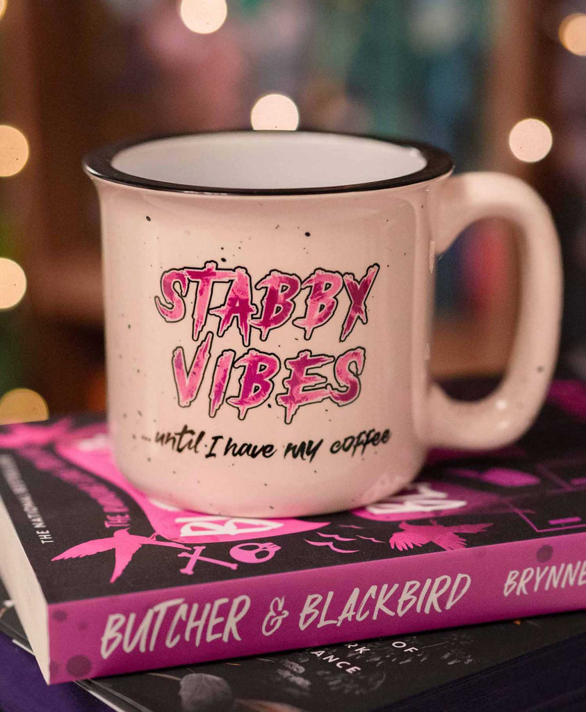 WERKSHOP Bookish Themed Coffee Mug printed with: "Stabby Vibes ... until I have my coffee"