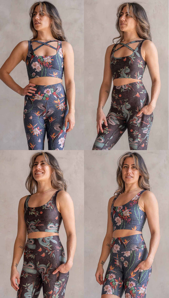 Model wearing WERKSHOP Quetzal and Pit Viper reversible top. This image shows it being worn all 4 ways, with either the X in the front, or the X in the back and also with the pit viper artwork showing and the quetzal artwork showing.