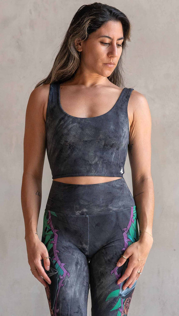Model wearing WERKSHOP Spooky Season Set. This side of the reversible top a has dark brushstroke print (not no spiders, no rats, and no bats)
