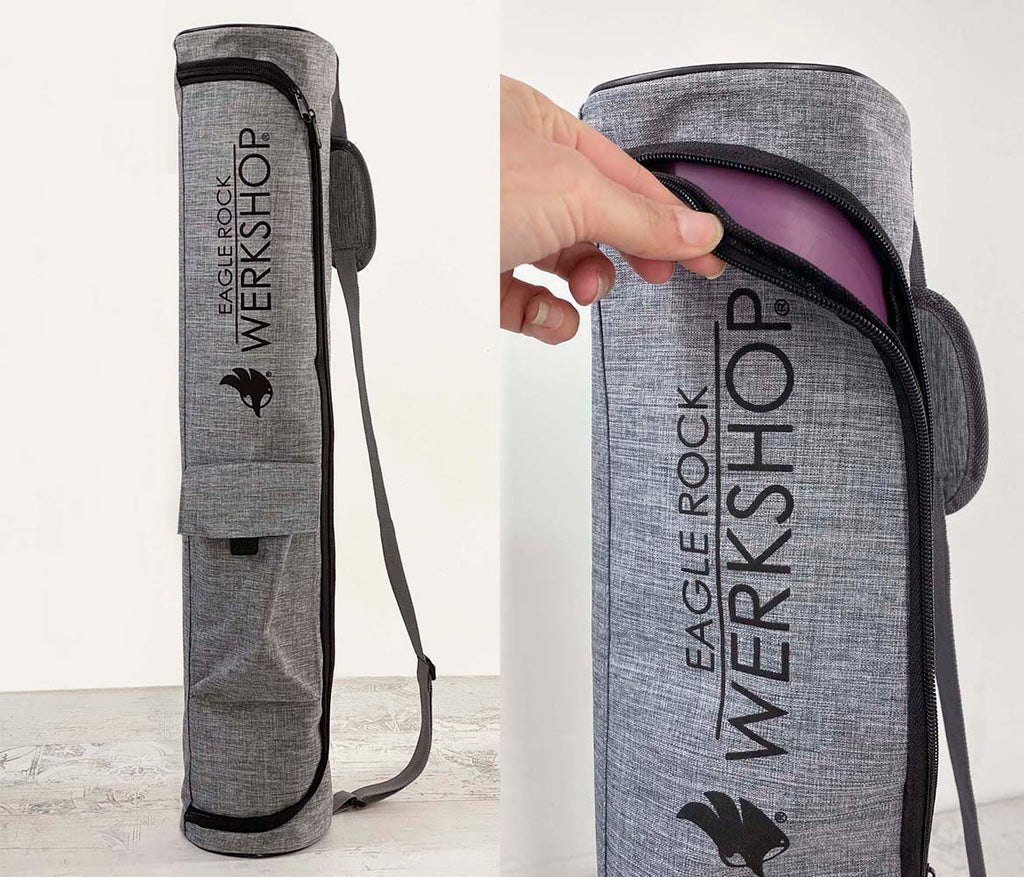 feature image of our Yoga Mat Bag with full-view zipped up as well as unzipped.