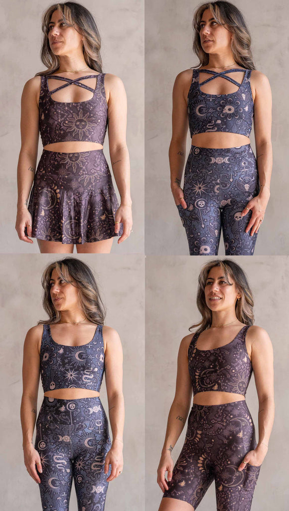 Showing all the ways to wear our 4 way top. The top has a tarot card artwork on a dark blue background on one side & zodiac artwork on purple background on the opposite side. She is shown wearing the “X” neckline detail in the front and the back. The purple/zodiac shows a hand-drawn sun & moon w/the moon phases, shooting stars & all 12 zodiac constellations. The blue/tarot has skulls, snakes, moons & the names of multiple popular tarot cards like "Strength, Lovers, Death & The Hanged Man"