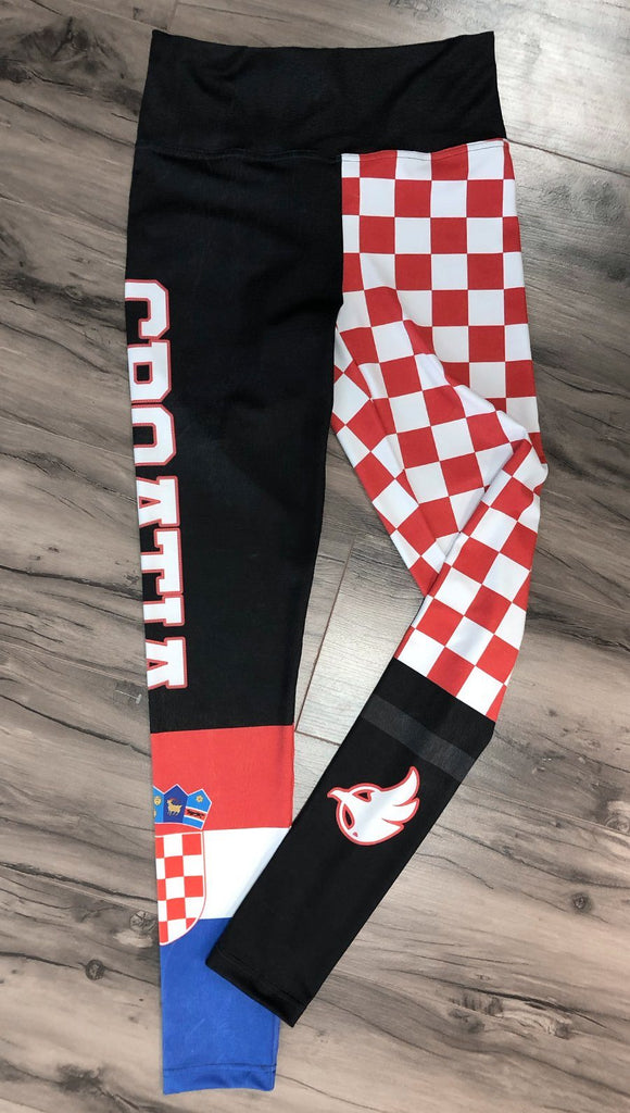 closeup view of model wearing croatian flag themed full length leggings