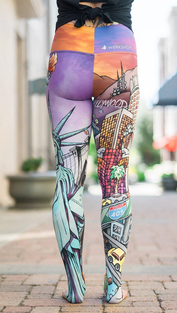 closeup back view of model wearing full length printed leggings with various cities design