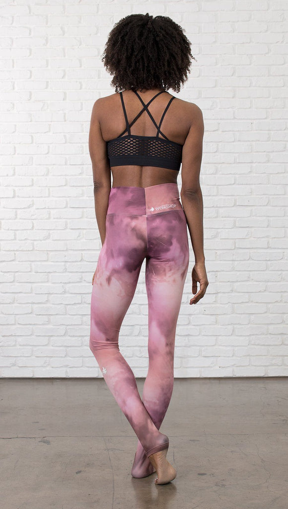 back view of model wearing rose quartz stone design printed full length leggings