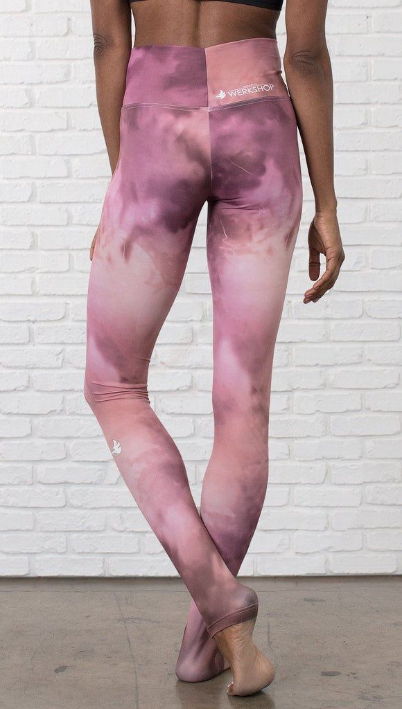 closeup front view of model wearing rose quartz stone design printed full length leggings