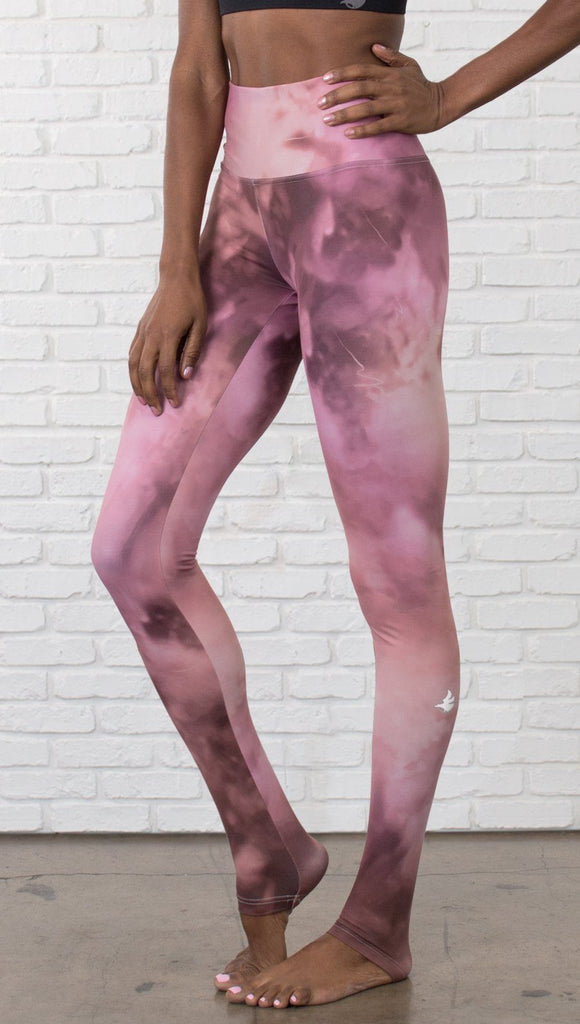 closeup front view of model wearing rose quartz stone design printed full length leggings