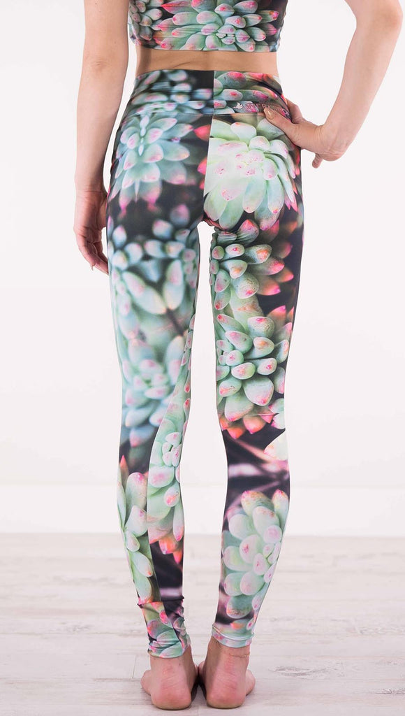 Back view of model wearing black athleisure leggings with green succulent plants with pink tips throughout