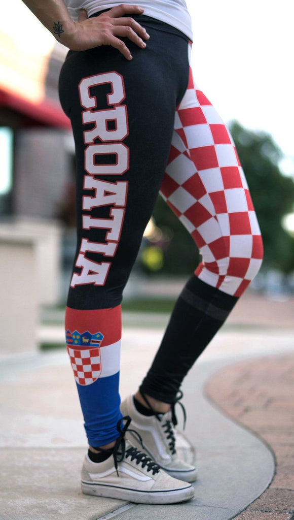 right side view of model wearing croatian flag themed full length leggings