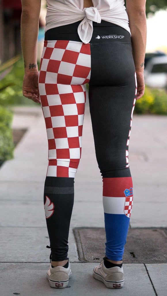 back view of model wearing croatian flag themed full length leggings