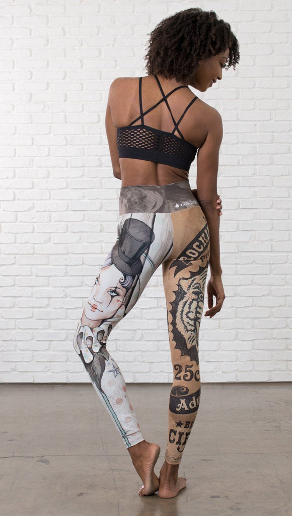 back view of model wearing circus design mashup printed full length leggings