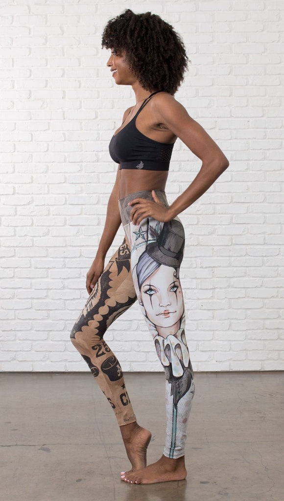 left side view of model wearing circus design mashup printed full length leggings