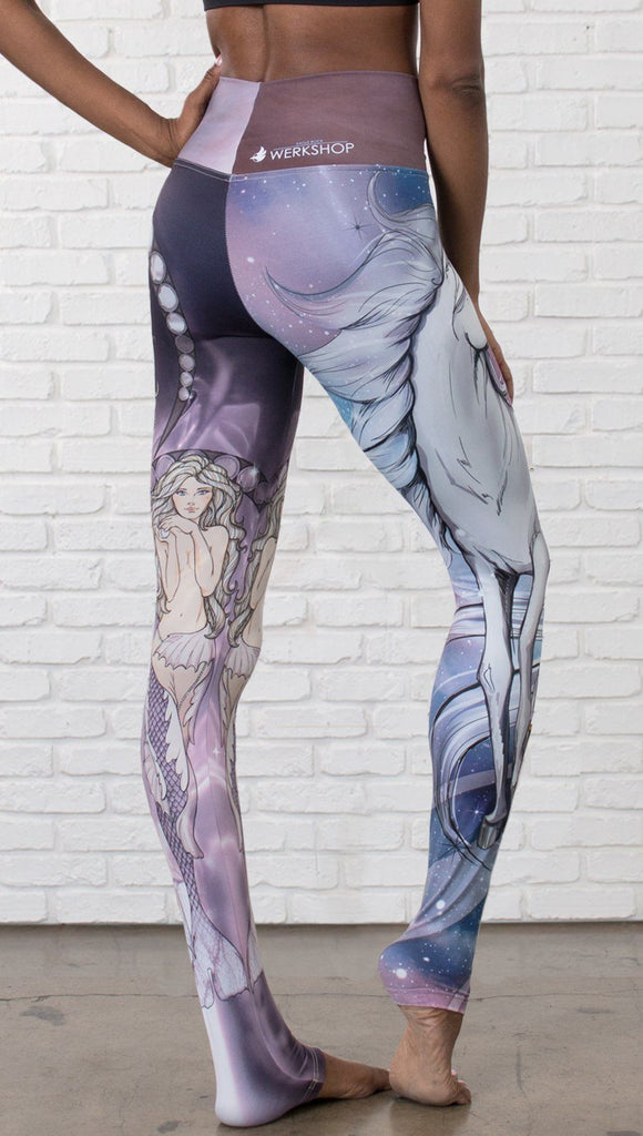 closeup back view of model wearing full length leggings with unicorn and mermaid mashup printed design