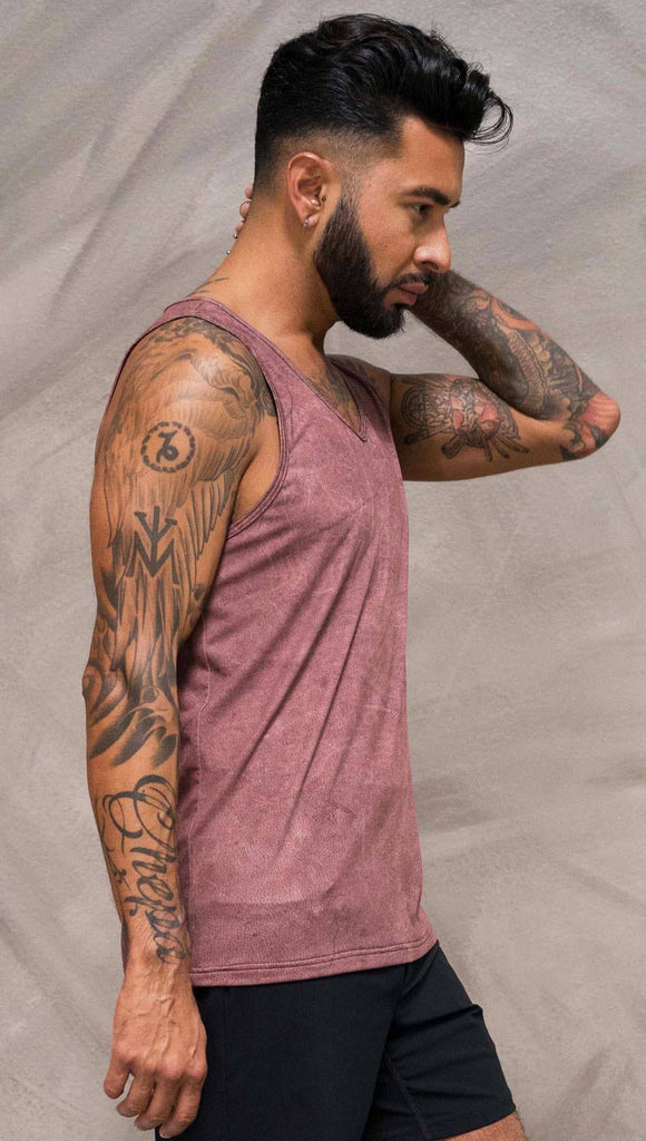 Close up right side view of model wearing brick red printed tank top