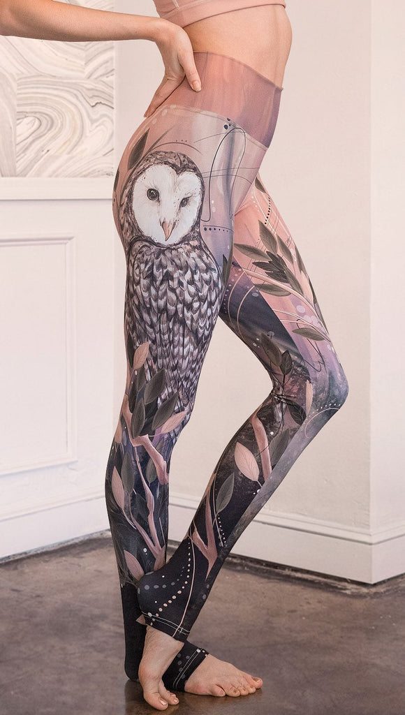 closeup right side view of model wearing owl themed full length leggings