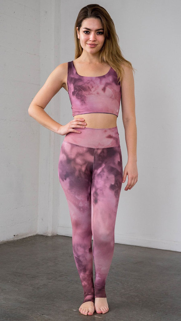 front view of model wearing rose quartz stone design printed full length leggings
