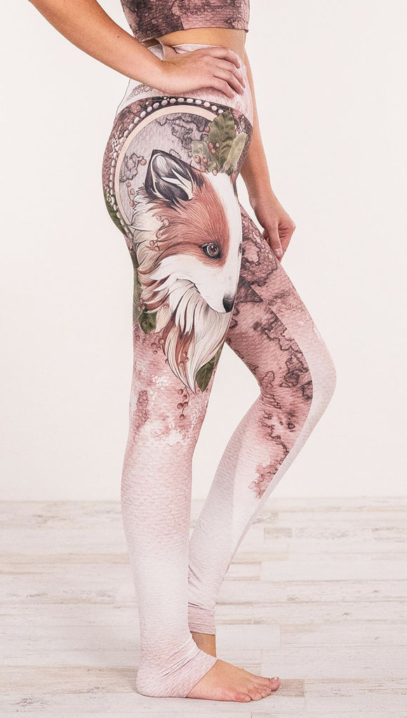Close up right side view of model wearing Pink/Mauve Icelandic Sheepdog Leggings with Original Tattoo-Inspired artwork
