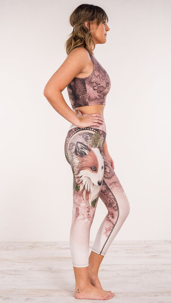 Right side view of model wearing Pink/Mauve Icelandic Sheepdog Leggings with Original Tattoo-Inspired artwork