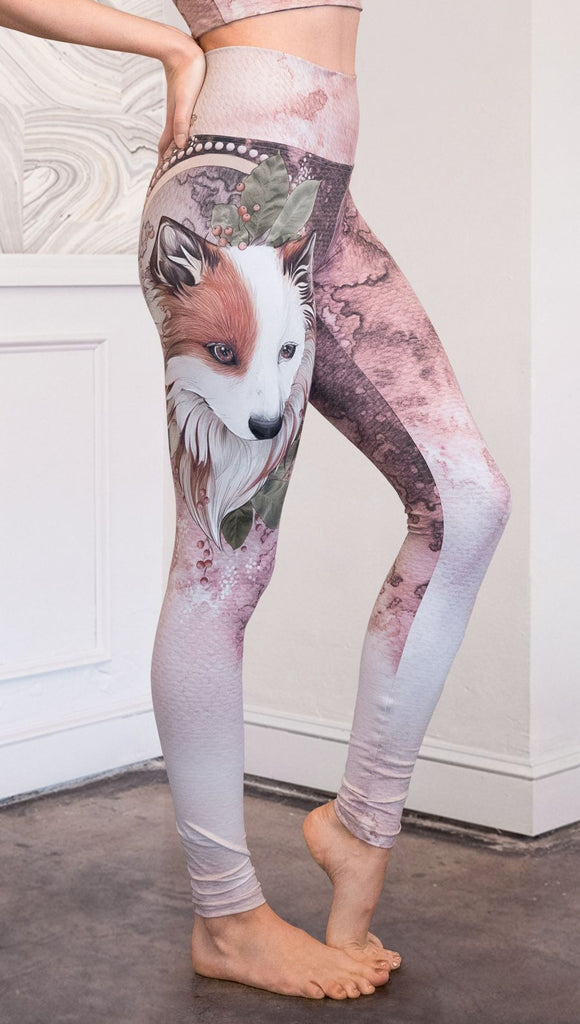 closeup right side view of model wearing Pink/Mauve Icelandic Sheepdog Leggings with Original Tattoo-Inspired artwork