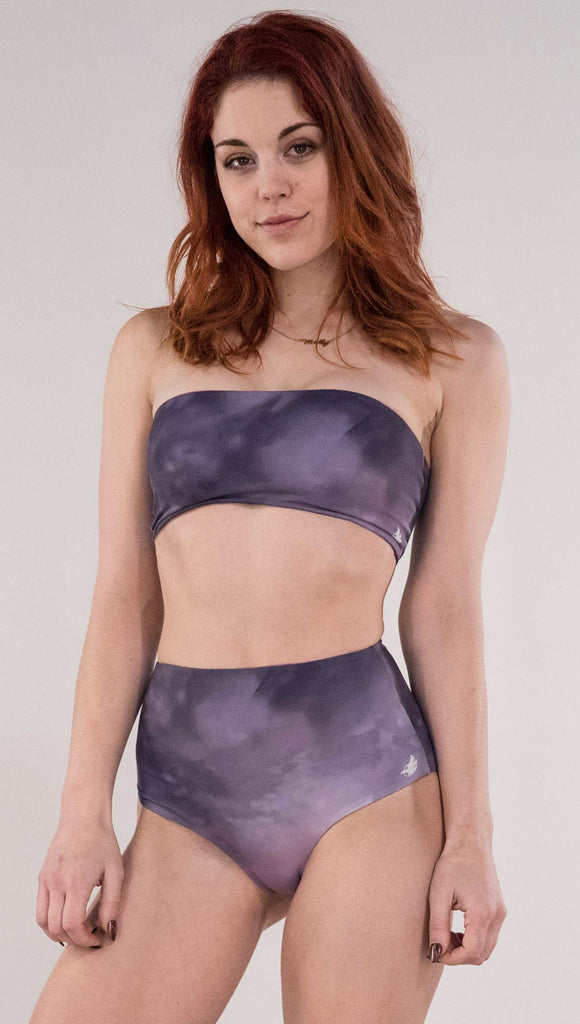 Front view of model wearing the reversible Peacock high waist bikini bottom in the Peacock side in the colors purple and dark purple
