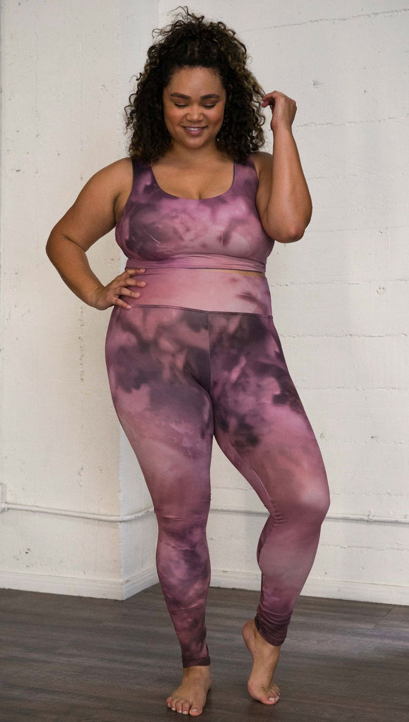 front view of model wearing rose quartz stone design printed full length leggings