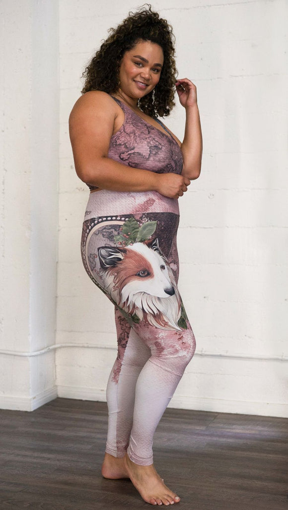 Right side view of model wearing Pink/Mauve Icelandic Sheepdog Leggings with Original Tattoo-Inspired artwork