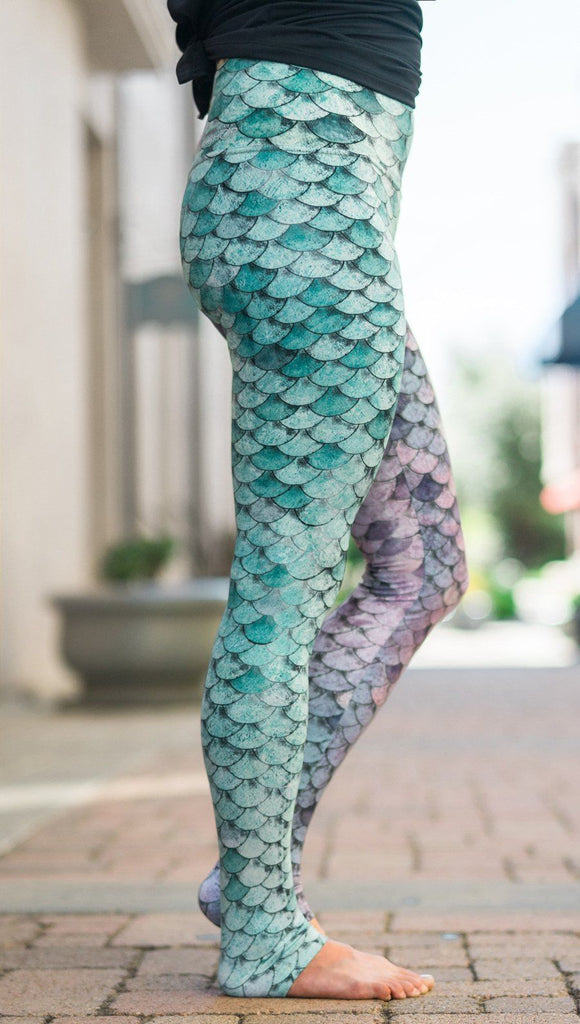 closeup right side view of model wearing mermaid scales design printed full length leggings