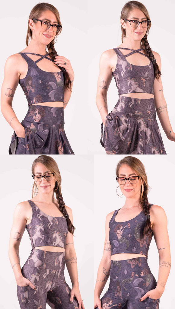 Collage of images showing a model wearing WERKSHOP Four-Way Reversible Top with Original Mermaids artwork on one side and Unicorn artwork on the opposite side. The mermaids have small intricate details on the fins and are swimming with seahorses over a dark blue background and Unicorns have soft rainbow-colored hair with a pixie friend over a purple background. Can be worn with an “X” strap detail in the back across the shoulder blades or in the front at the neckline.
