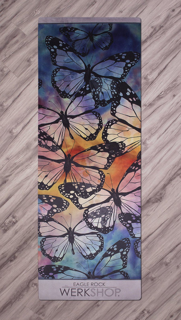top view of colorful butterfly themed printed yoga mat