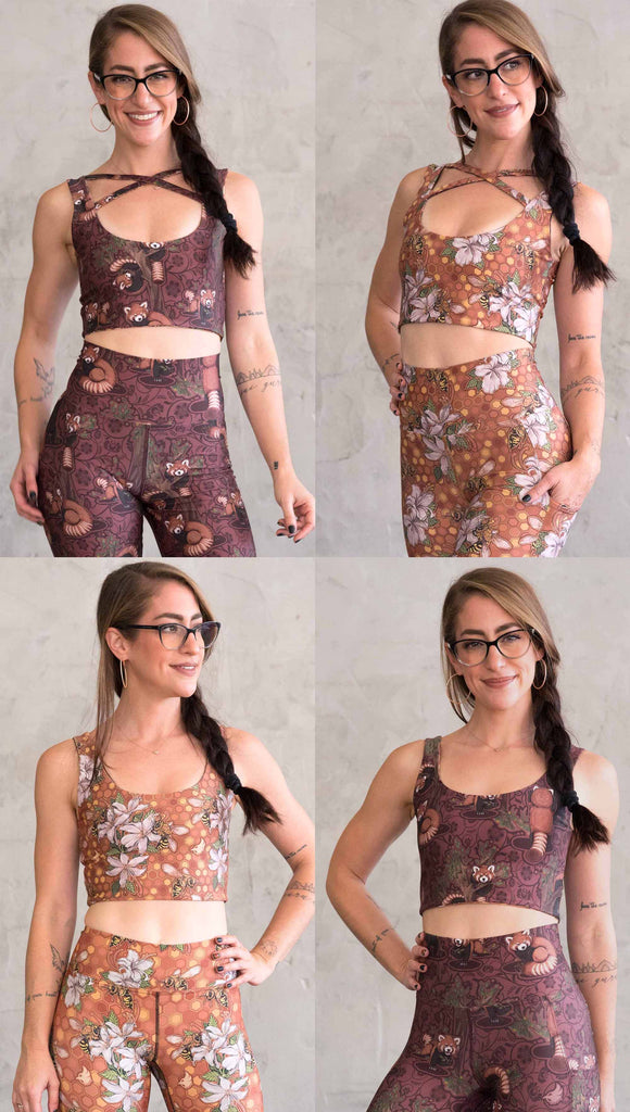 Collage of 4 images to show all the ways our four-way reversible top can be worn. (with the X in the front or with the X in the back ... and with either honeybees or red panda artwork)