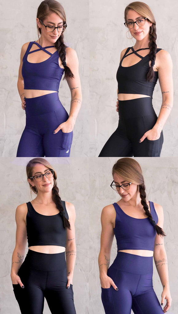 Four images showing a model wearing the WERKSHOP four-way reversible top in all four ways: with the X in the front in blue, with the X in the front as black, with the X in the back as blue, with the X in the back as black.