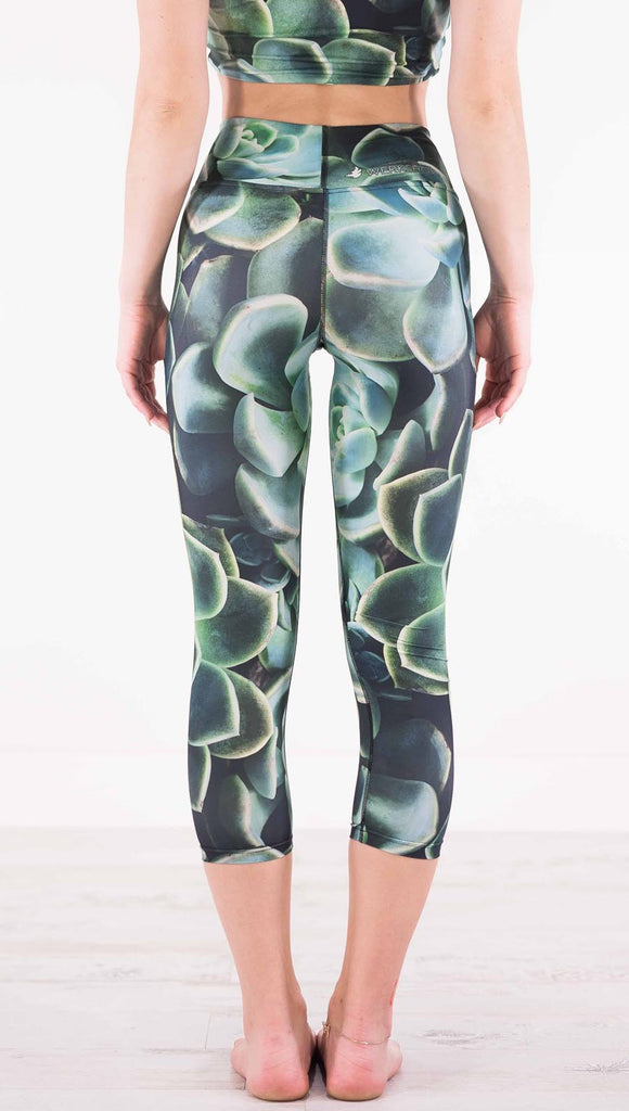 Back view of model wearing black capri leggings with green succulent plants throughout