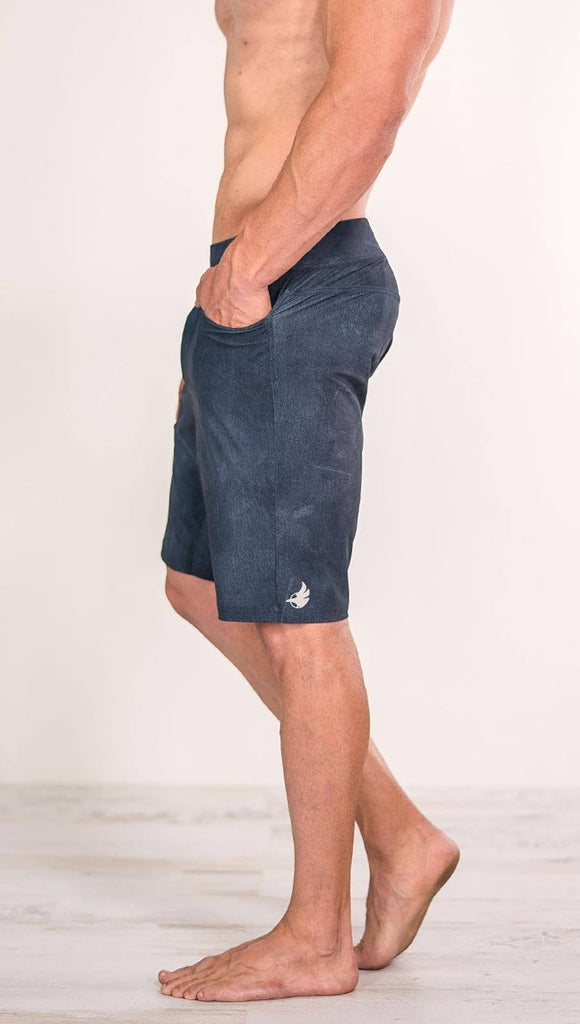close up left side view of model wearing slate men's performance shorts