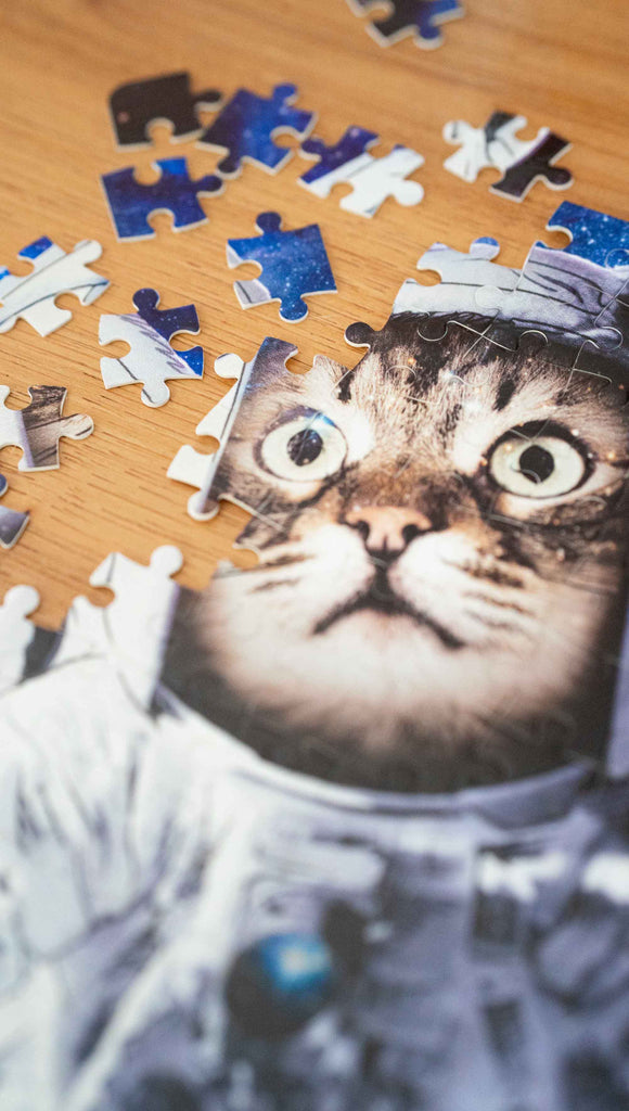 Partially disassembled WERKSHOP Space Cat (Catstronaut) Puzzle. The artwork features a house cat wearing an astronaut uniform, floating in outer space with a nebula behind him.